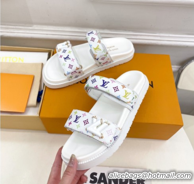 Top Grade Louis Vuitton LV x TM Flat Comfort Slides Sandal in Multicolored Monogram Canvas White 2025 LV042101