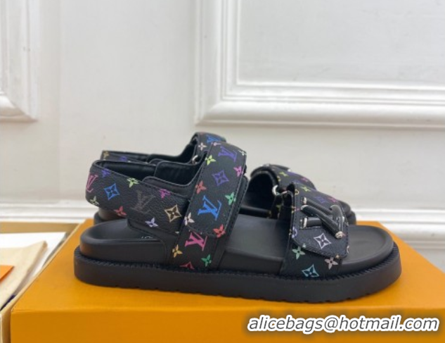 Luxurious Louis Vuitton LV x TM Flat Comfort Sandals in Multicolored Monogram Canvas Black 2025 LV042101