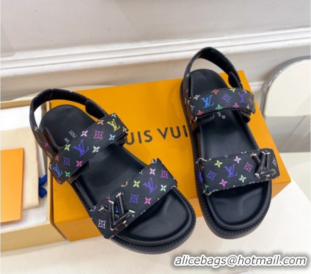 Luxurious Louis Vuitton LV x TM Flat Comfort Sandals in Multicolored Monogram Canvas Black 2025 LV042101