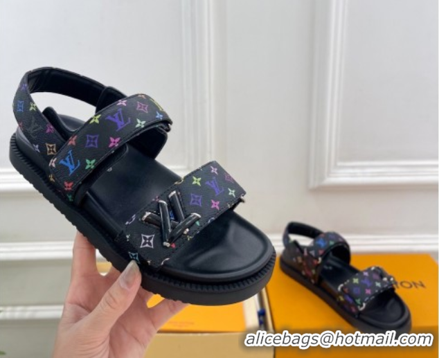 Luxurious Louis Vuitton LV x TM Flat Comfort Sandals in Multicolored Monogram Canvas Black 2025 LV042101
