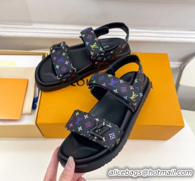 Luxurious Louis Vuitton LV x TM Flat Comfort Sandals in Multicolored Monogram Canvas Black 2025 LV042101