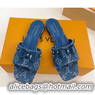 Stylish Louis Vuitton 6AM Flat Slides Sandal in Blue Denim with Bow 0421092