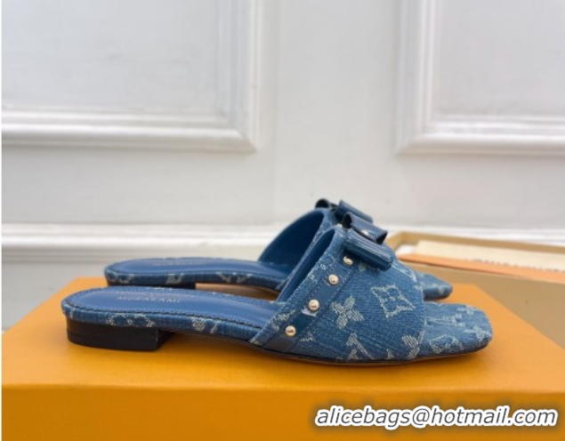 Stylish Louis Vuitton 6AM Flat Slides Sandal in Blue Denim with Bow 0421092