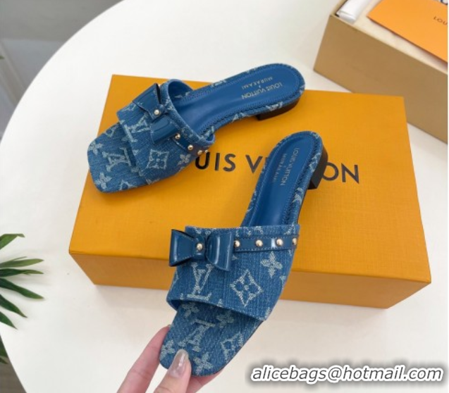 Stylish Louis Vuitton 6AM Flat Slides Sandal in Blue Denim with Bow 0421092