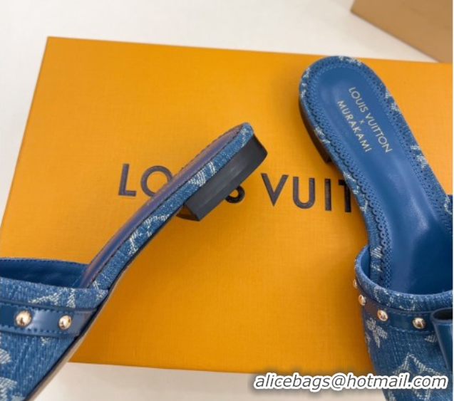 Stylish Louis Vuitton 6AM Flat Slides Sandal in Blue Denim with Bow 0421092