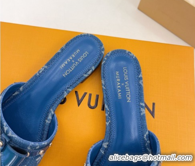 Stylish Louis Vuitton 6AM Flat Slides Sandal in Blue Denim with Bow 0421092
