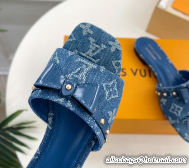 Stylish Louis Vuitton 6AM Flat Slides Sandal in Blue Denim with Bow 0421092