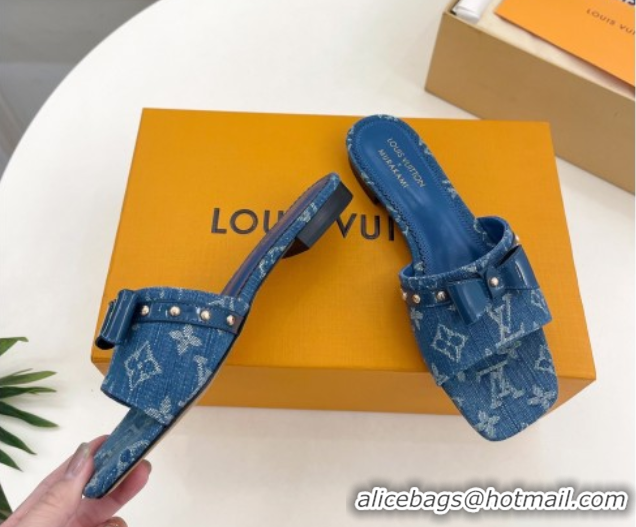 Stylish Louis Vuitton 6AM Flat Slides Sandal in Blue Denim with Bow 0421092