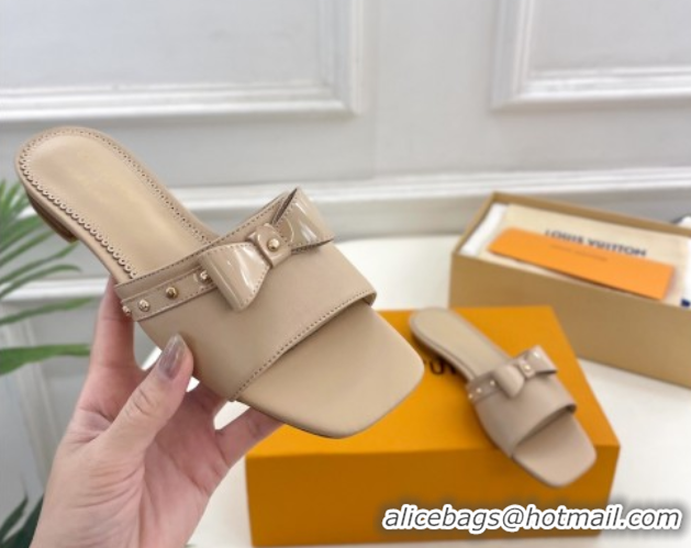 Most Popular Louis Vuitton 6AM Flat Slides Sandal in Calfskin Leather with Bow Beige 0421095