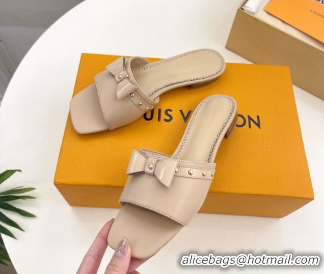 Most Popular Louis Vuitton 6AM Flat Slides Sandal in Calfskin Leather with Bow Beige 0421095