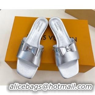 Charming Louis Vuitton 6AM Flat Slides Sandal in Calfskin Leather with Bow Silver 0421096