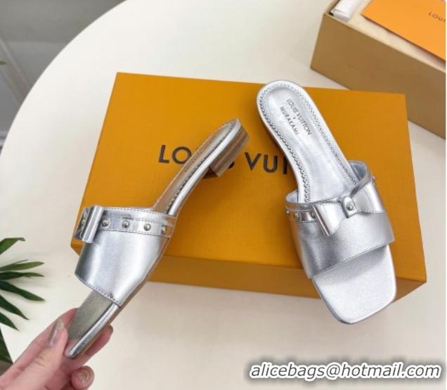 Charming Louis Vuitton 6AM Flat Slides Sandal in Calfskin Leather with Bow Silver 0421096