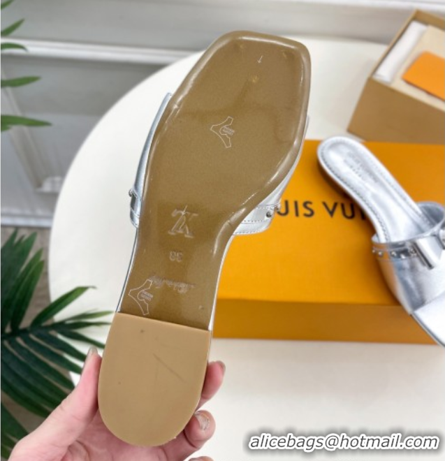 Charming Louis Vuitton 6AM Flat Slides Sandal in Calfskin Leather with Bow Silver 0421096