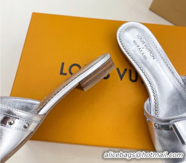 Charming Louis Vuitton 6AM Flat Slides Sandal in Calfskin Leather with Bow Silver 0421096