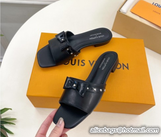 Grade Louis Vuitton 6AM Flat Slides Sandal in Calfskin Leather with Bow Black 0421097