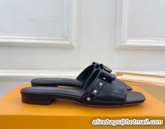 Grade Louis Vuitton 6AM Flat Slides Sandal in Calfskin Leather with Bow Black 0421097