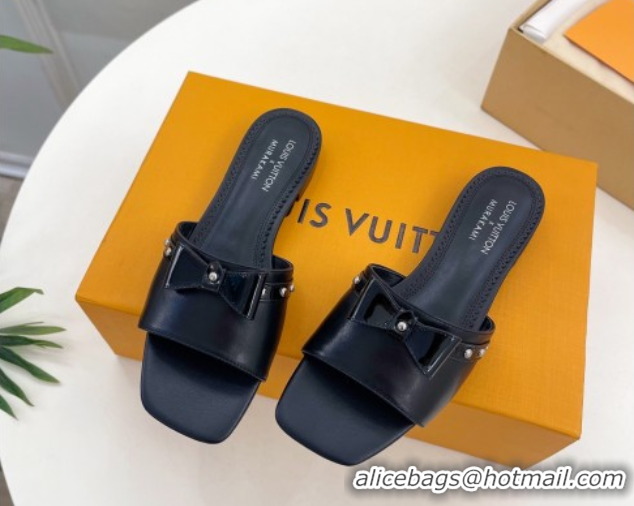 Grade Louis Vuitton 6AM Flat Slides Sandal in Calfskin Leather with Bow Black 0421097