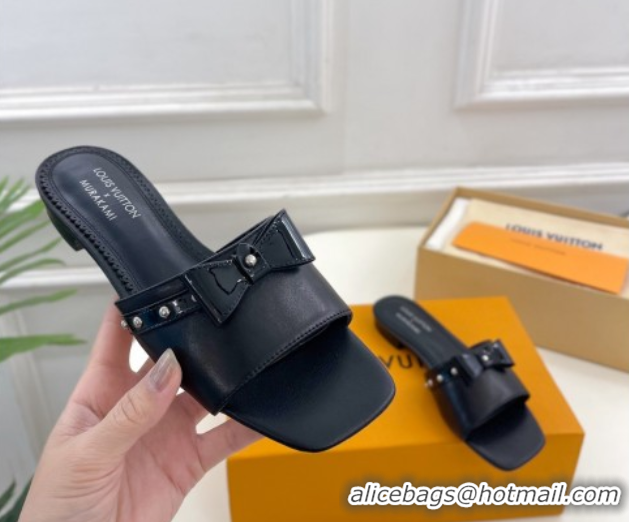 Grade Louis Vuitton 6AM Flat Slides Sandal in Calfskin Leather with Bow Black 0421097