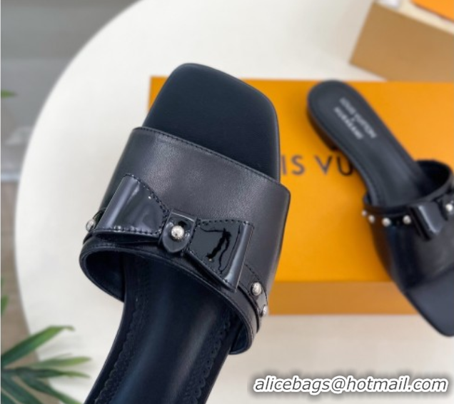 Grade Louis Vuitton 6AM Flat Slides Sandal in Calfskin Leather with Bow Black 0421097