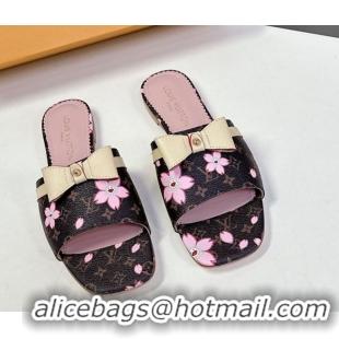 Lowest Cost Louis Vuitton LV x TM Neo 6AM Flat Slides Sandal in Cherry Blossoms Print with Bow Monogram Canvas 0422001