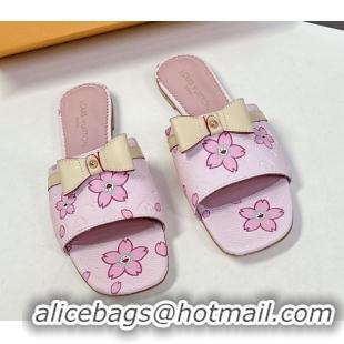Shop Cheap Louis Vuitton LV x TM Neo 6AM Flat Slides Sandal in Cherry Blossoms Print with Bow Pink Leather 0422002