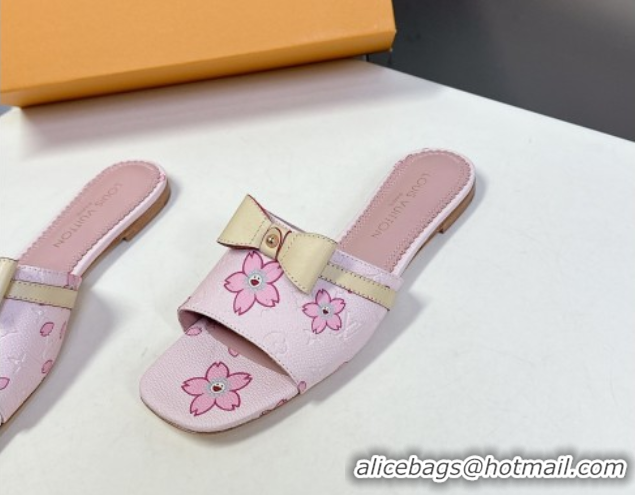 Shop Cheap Louis Vuitton LV x TM Neo 6AM Flat Slides Sandal in Cherry Blossoms Print with Bow Pink Leather 0422002