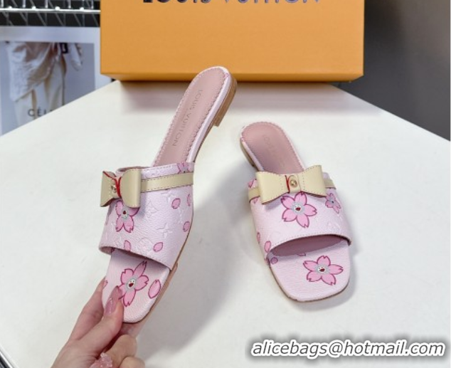 Shop Cheap Louis Vuitton LV x TM Neo 6AM Flat Slides Sandal in Cherry Blossoms Print with Bow Pink Leather 0422002