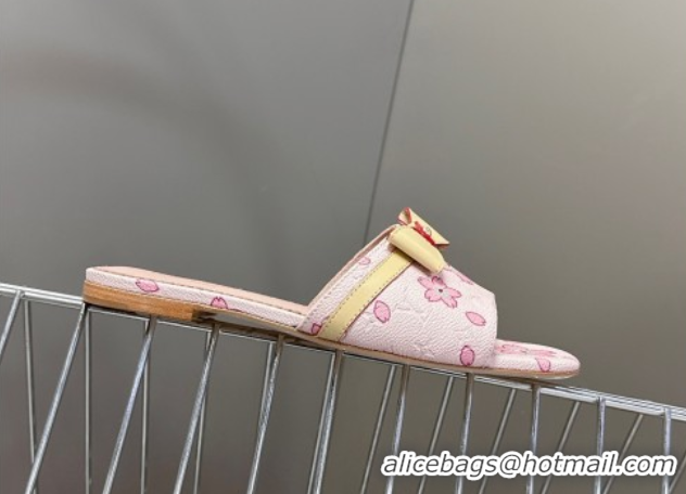 Shop Cheap Louis Vuitton LV x TM Neo 6AM Flat Slides Sandal in Cherry Blossoms Print with Bow Pink Leather 0422002