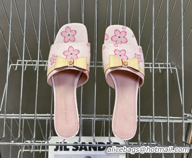 Shop Cheap Louis Vuitton LV x TM Neo 6AM Flat Slides Sandal in Cherry Blossoms Print with Bow Pink Leather 0422002