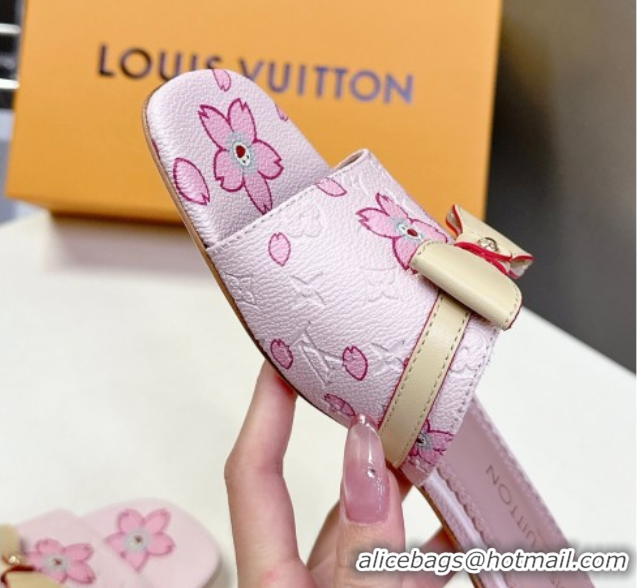 Shop Cheap Louis Vuitton LV x TM Neo 6AM Flat Slides Sandal in Cherry Blossoms Print with Bow Pink Leather 0422002