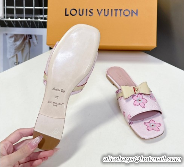Shop Cheap Louis Vuitton LV x TM Neo 6AM Flat Slides Sandal in Cherry Blossoms Print with Bow Pink Leather 0422002