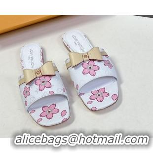 Unique Discount Louis Vuitton LV x TM Neo 6AM Flat Slides Sandal in Cherry Blossoms Print with Bow White Leather 0422003