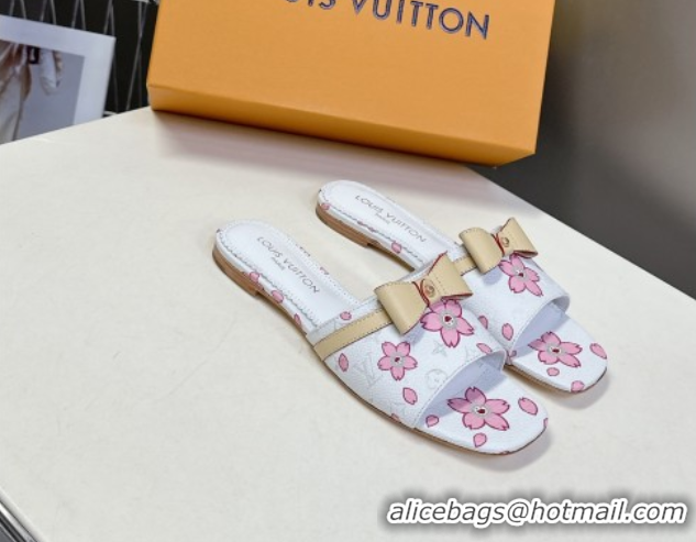 Unique Discount Louis Vuitton LV x TM Neo 6AM Flat Slides Sandal in Cherry Blossoms Print with Bow White Leather 0422003