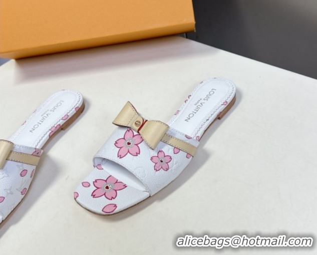 Unique Discount Louis Vuitton LV x TM Neo 6AM Flat Slides Sandal in Cherry Blossoms Print with Bow White Leather 0422003