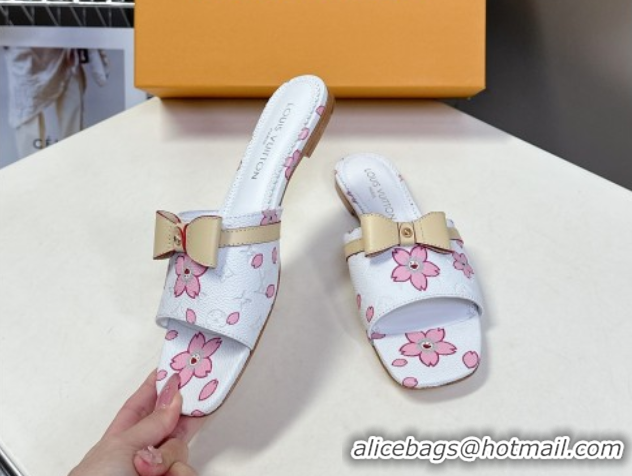 Unique Discount Louis Vuitton LV x TM Neo 6AM Flat Slides Sandal in Cherry Blossoms Print with Bow White Leather 0422003