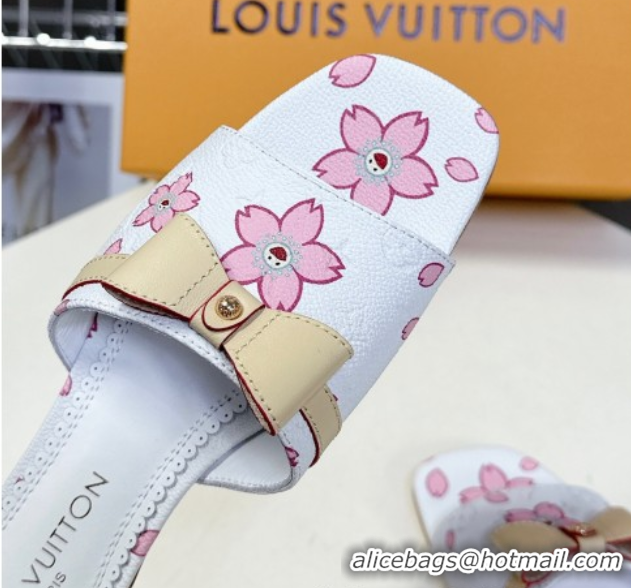 Unique Discount Louis Vuitton LV x TM Neo 6AM Flat Slides Sandal in Cherry Blossoms Print with Bow White Leather 0422003