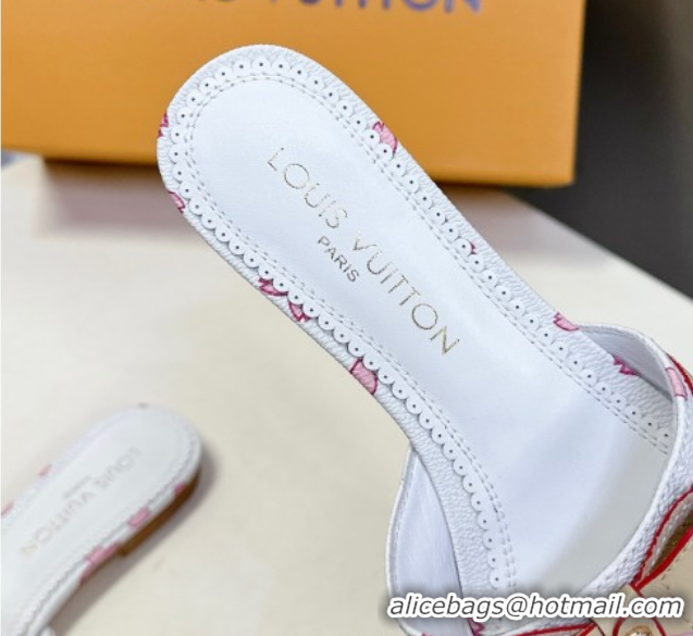 Unique Discount Louis Vuitton LV x TM Neo 6AM Flat Slides Sandal in Cherry Blossoms Print with Bow White Leather 0422003