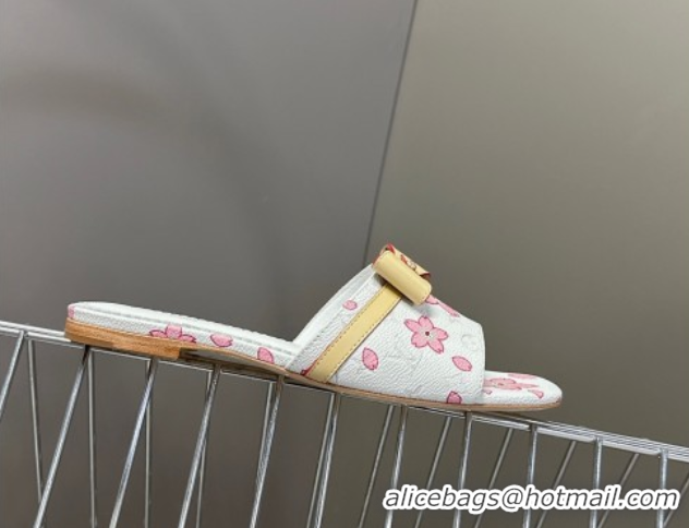 Unique Discount Louis Vuitton LV x TM Neo 6AM Flat Slides Sandal in Cherry Blossoms Print with Bow White Leather 0422003