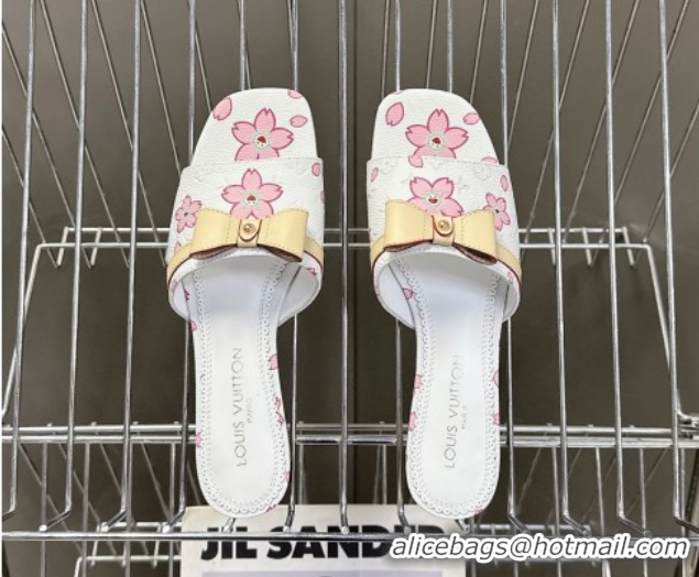 Unique Discount Louis Vuitton LV x TM Neo 6AM Flat Slides Sandal in Cherry Blossoms Print with Bow White Leather 0422003