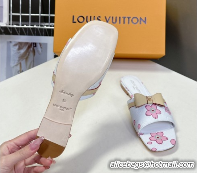 Unique Discount Louis Vuitton LV x TM Neo 6AM Flat Slides Sandal in Cherry Blossoms Print with Bow White Leather 0422003