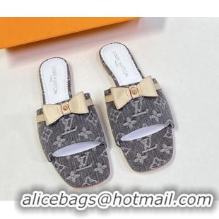 Duplicate Louis Vuitton LV x TM Neo 6AM Flat Slides Sandal in Cherry Blossoms Print Denim with Bow Grey 0422004