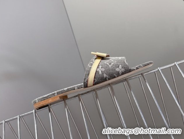 Duplicate Louis Vuitton LV x TM Neo 6AM Flat Slides Sandal in Cherry Blossoms Print Denim with Bow Grey 0422004