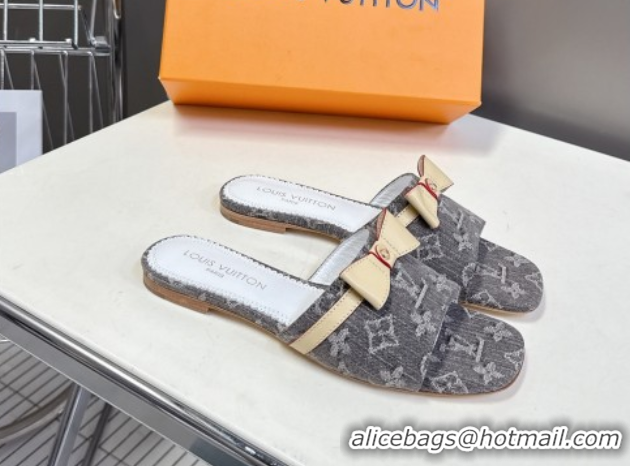 Duplicate Louis Vuitton LV x TM Neo 6AM Flat Slides Sandal in Cherry Blossoms Print Denim with Bow Grey 0422004