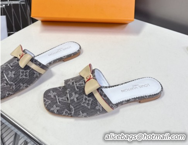 Duplicate Louis Vuitton LV x TM Neo 6AM Flat Slides Sandal in Cherry Blossoms Print Denim with Bow Grey 0422004