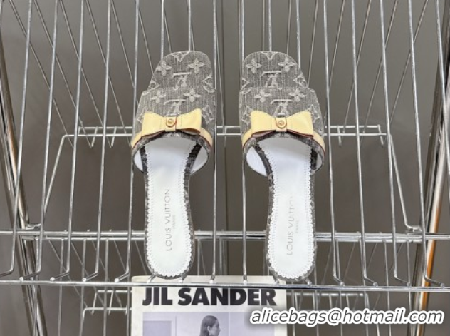 Duplicate Louis Vuitton LV x TM Neo 6AM Flat Slides Sandal in Cherry Blossoms Print Denim with Bow Grey 0422004