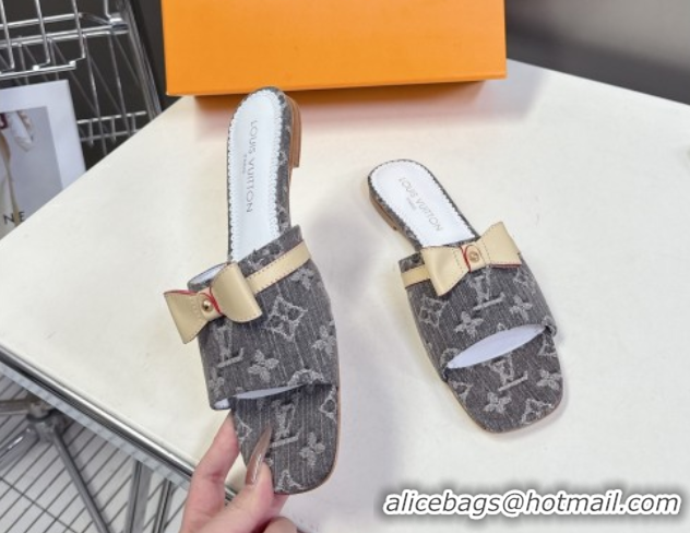 Duplicate Louis Vuitton LV x TM Neo 6AM Flat Slides Sandal in Cherry Blossoms Print Denim with Bow Grey 0422004