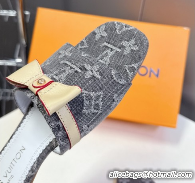Duplicate Louis Vuitton LV x TM Neo 6AM Flat Slides Sandal in Cherry Blossoms Print Denim with Bow Grey 0422004