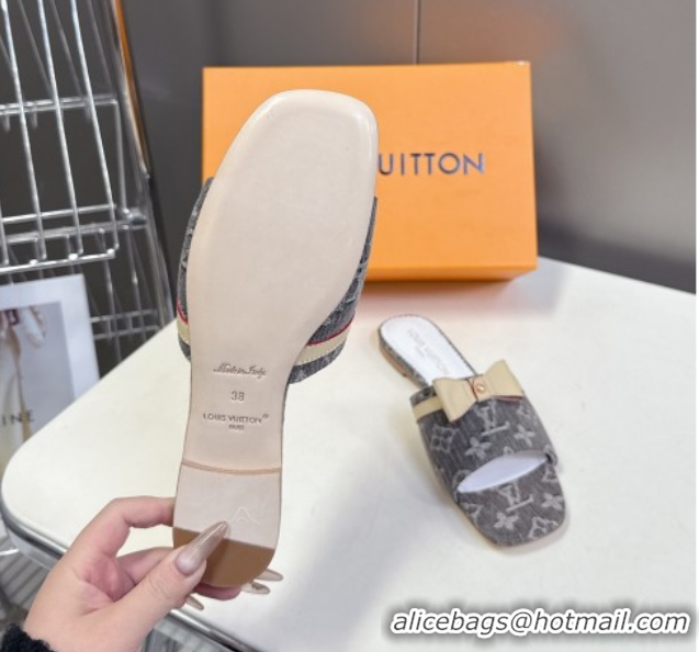 Duplicate Louis Vuitton LV x TM Neo 6AM Flat Slides Sandal in Cherry Blossoms Print Denim with Bow Grey 0422004