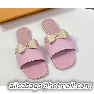 Buy Fashionable Louis Vuitton LV x TM Neo 6AM Flat Slides Sandal in Cherry Blossoms Print Denim with Bow Light Pink 0422