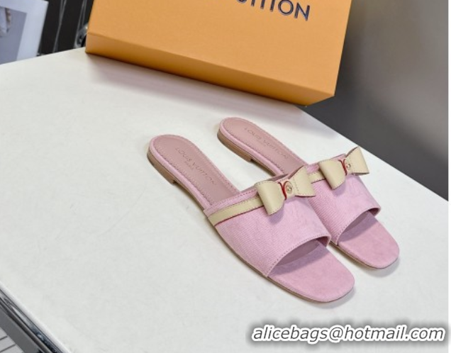 Buy Fashionable Louis Vuitton LV x TM Neo 6AM Flat Slides Sandal in Cherry Blossoms Print Denim with Bow Light Pink 0422